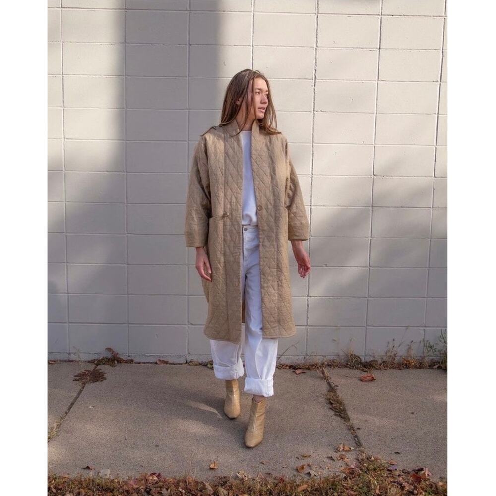 Hackwith Tan Quilted Linen Long Oversized Cozy Jacket Size 16
